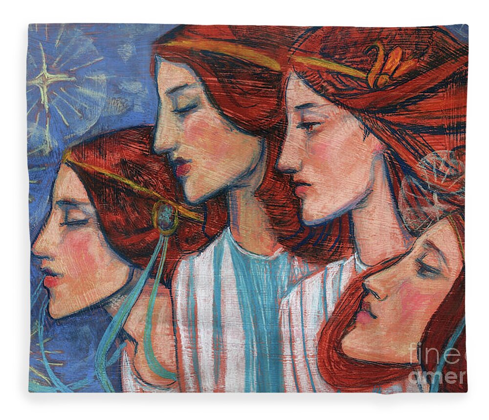 Art Nouveau Fleece Blanket featuring the pastel Tribute to Art Nouveau, pastel painting, fine art, redhaired girls by Julia Khoroshikh