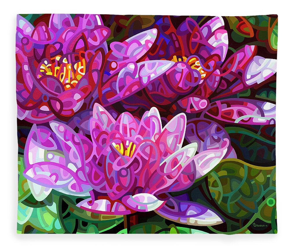 Floral Fleece Blanket featuring the painting Triumvirate by Mandy Budan