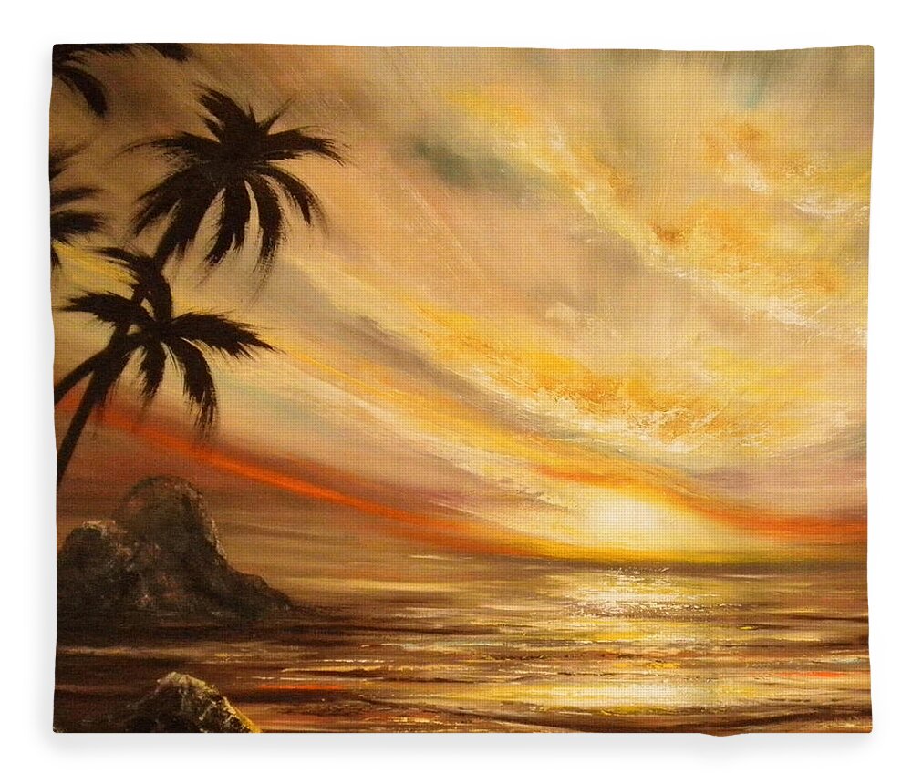 Tropical Fleece Blanket featuring the painting Tropical Sunset 65 by Gina De Gorna