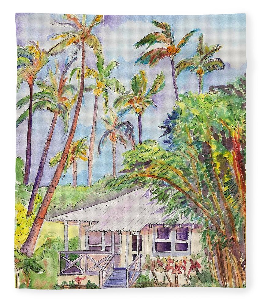 Kauai Fleece Blanket featuring the painting Tropical Waimea Cottage by Marionette Taboniar