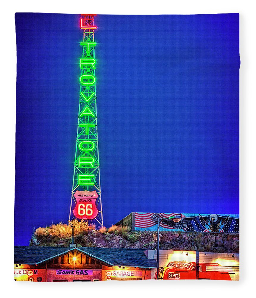 Route 66 Fleece Blanket featuring the photograph Trovatore Neon by Diana Powell