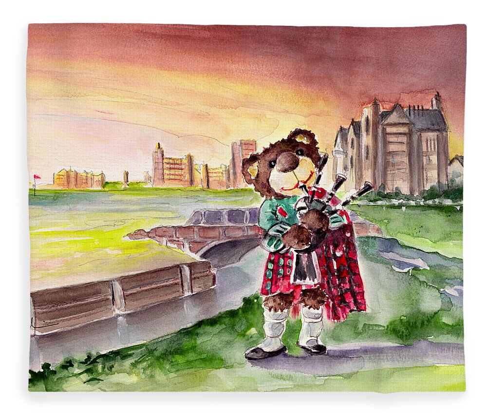Animals Fleece Blanket featuring the painting Truffle McFurry Playing The Bagpipes At St Andrews by Miki De Goodaboom