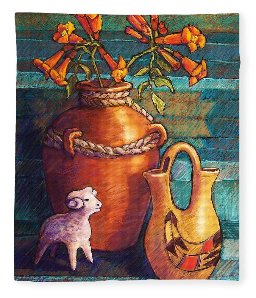 Still Life Fleece Blanket featuring the pastel Trumpet Vines and Pottery by Candy Mayer