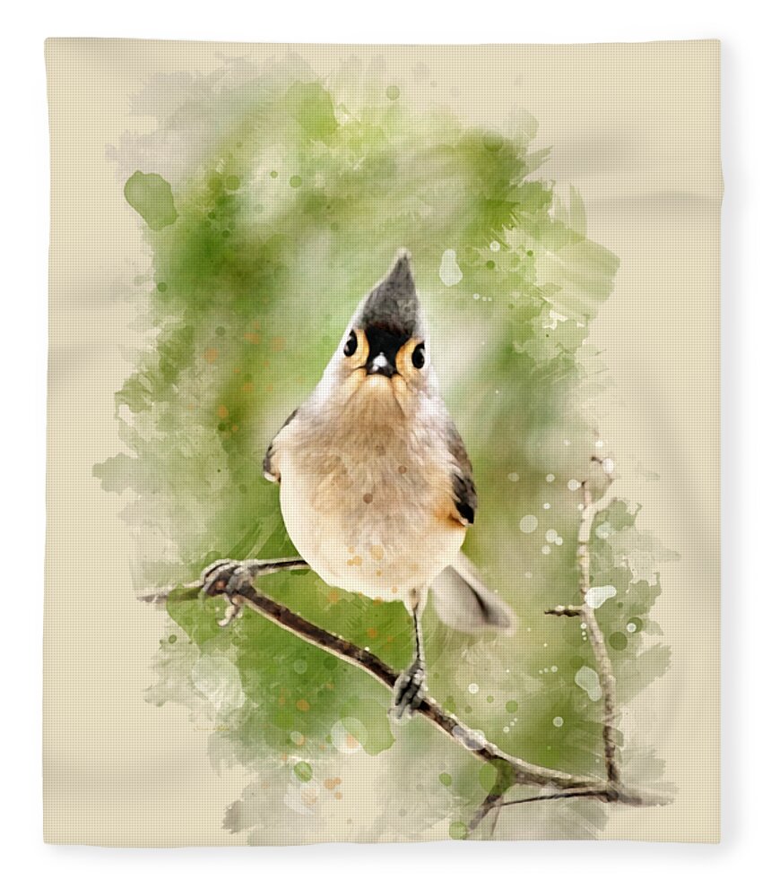 Bird Fleece Blanket featuring the mixed media Tufted Titmouse - Watercolor Art by Christina Rollo