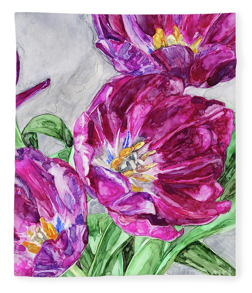 Yupo Fleece Blanket featuring the painting Tulips From a Friend II by Vicki Baun Barry