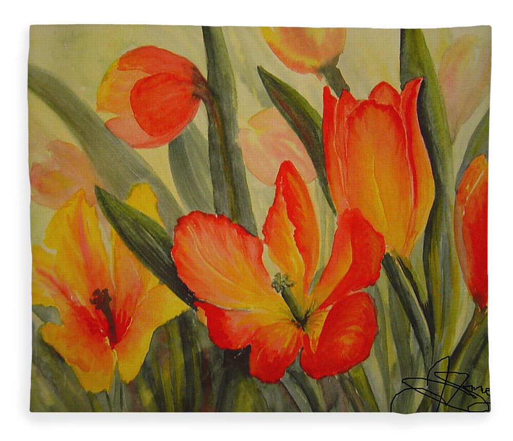 Spring Tulips Fleece Blanket featuring the painting Tulips by Jo Smoley