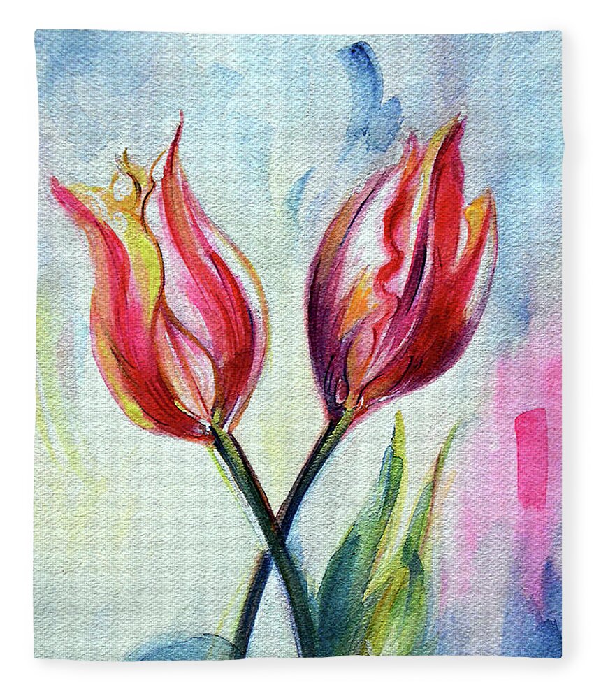 Tulips Fleece Blanket featuring the painting Tulips - Pleasure by Harsh Malik