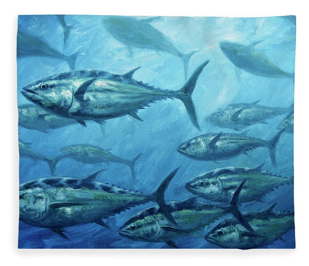 Tuna School Fleece Blanket featuring the painting Tuna School by Guy Crittenden