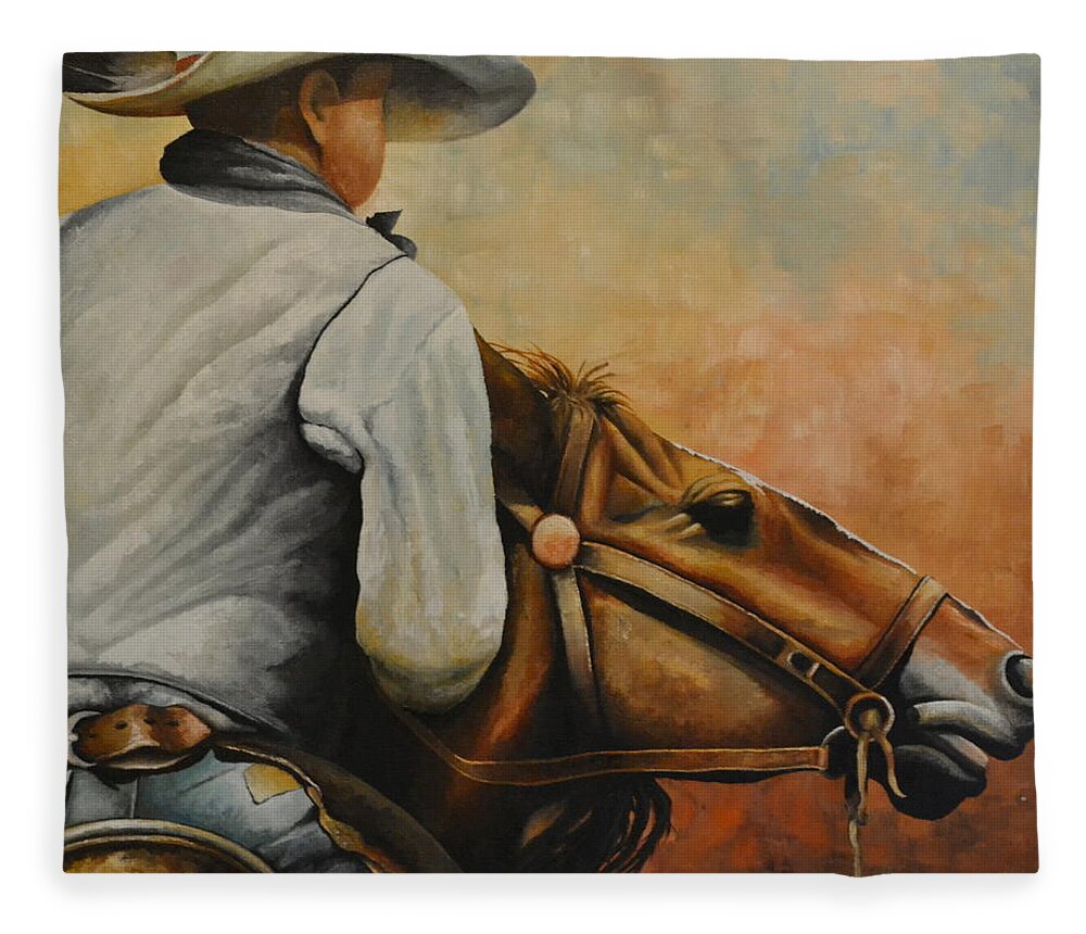 A Oil Painting Of A Cowboy Turning His Horse Around To Head Home. The Cowboy Has A Hat On With A Feather In The Hat Ban. He Is Wearing A Grey Vest With A Blue Shirt. He Is Also Wearing Blue Jeans With A Pair Of Leather Chaps. He Is Turning His Horse Around To Head Back To His Ranch. Fleece Blanket featuring the painting Turning Around by Martin Schmidt