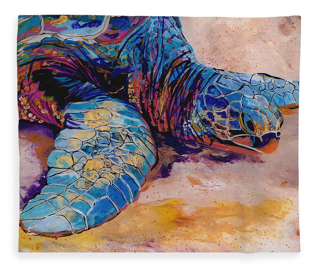 Turtle Painting Fleece Blanket featuring the painting Turtle at Poipu Beach 6 by Marionette Taboniar