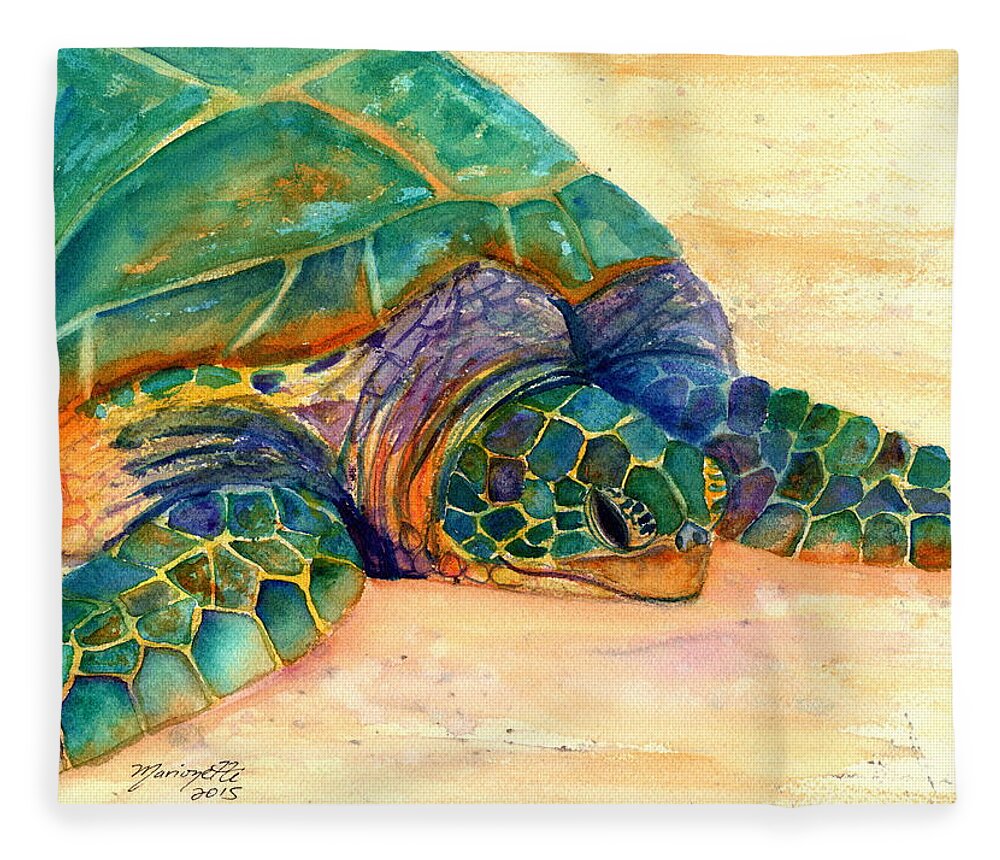 Turtle Fleece Blanket featuring the painting Turtle at Poipu Beach 7 by Marionette Taboniar