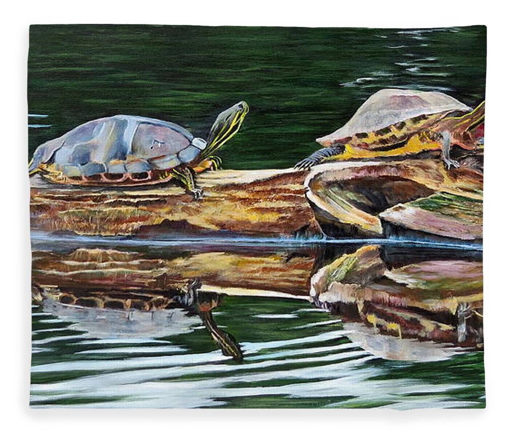 Red-eared Slider Fleece Blanket featuring the painting Turtle Family by Marilyn McNish