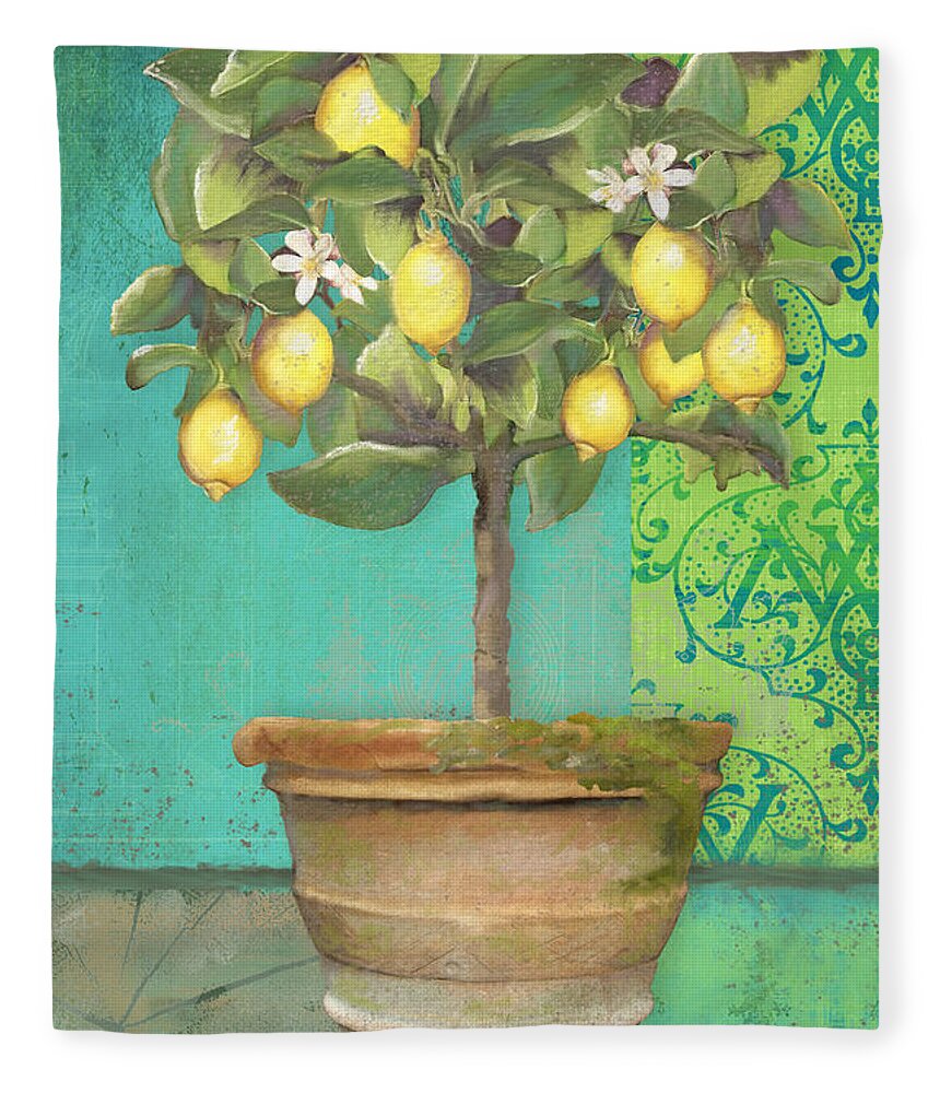 Tuscan Fleece Blanket featuring the painting Tuscan Lemon Topiary - Damask Pattern 1 by Audrey Jeanne Roberts