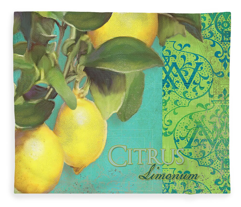 Tuscan Fleece Blanket featuring the painting Tuscan Lemon Tree - Citrus Limonum Damask by Audrey Jeanne Roberts