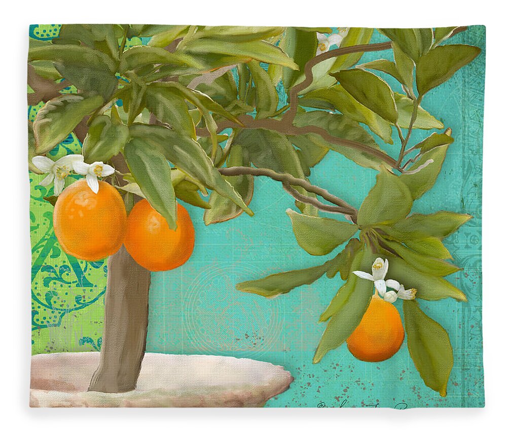 Tuscan Fleece Blanket featuring the painting Tuscan Orange Topiary - Damask Pattern 3 by Audrey Jeanne Roberts