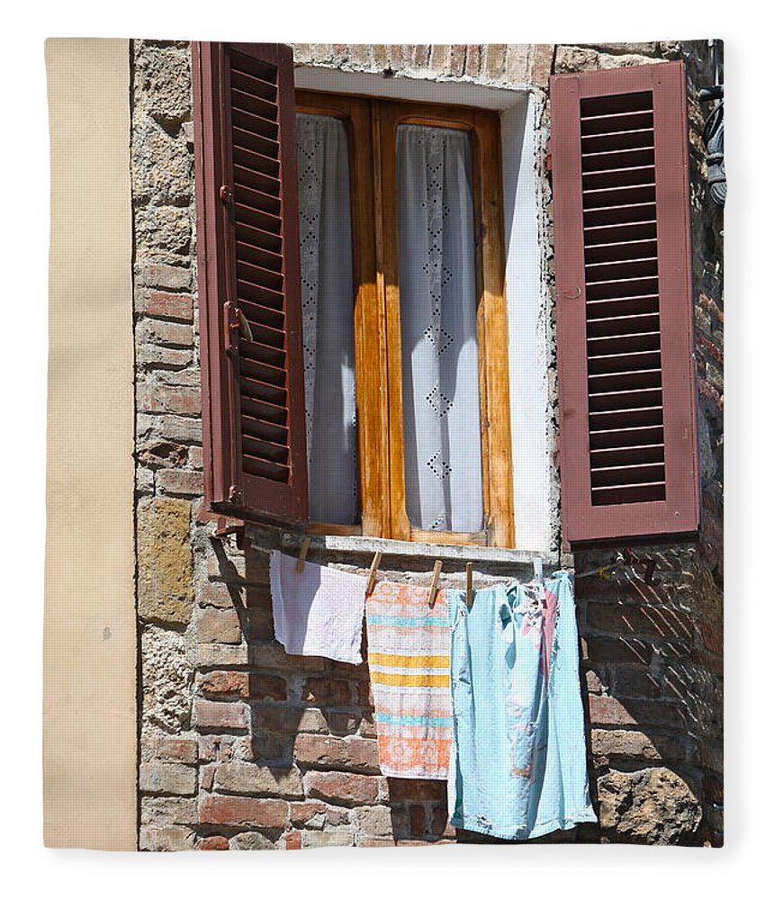 Tuscany Fleece Blanket featuring the photograph Tuscan Window and Laundry by Nadine Rippelmeyer