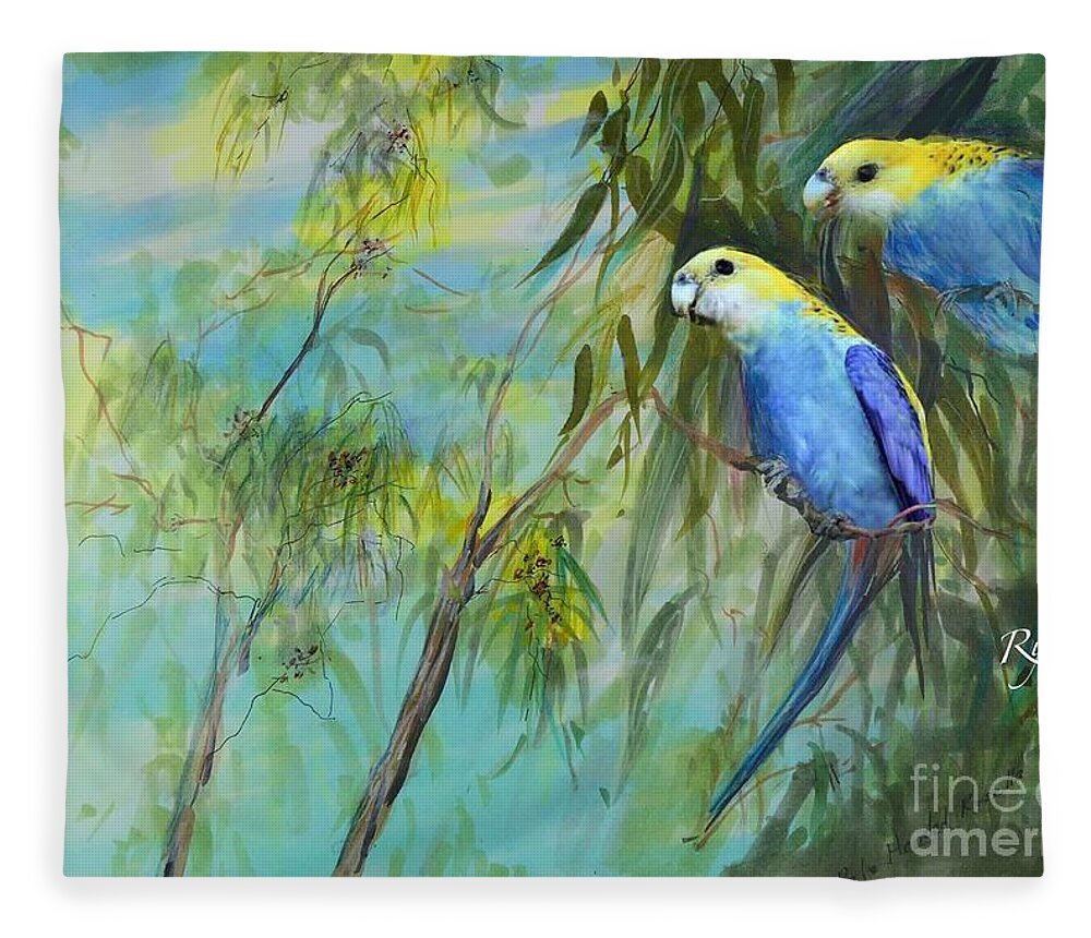 Rosella Fleece Blanket featuring the painting Two pale-faced rosellas by Ryn Shell