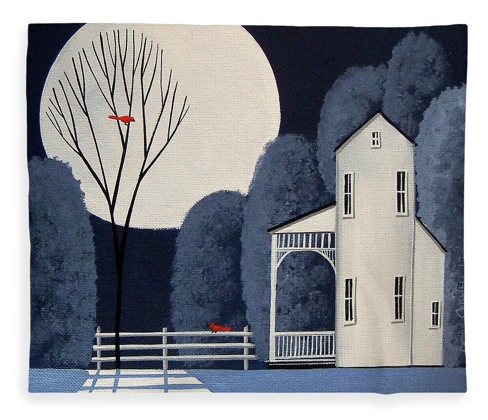 Folk Art Fleece Blanket featuring the painting Two Cardinals - birds moon victorian house by Debbie Criswell