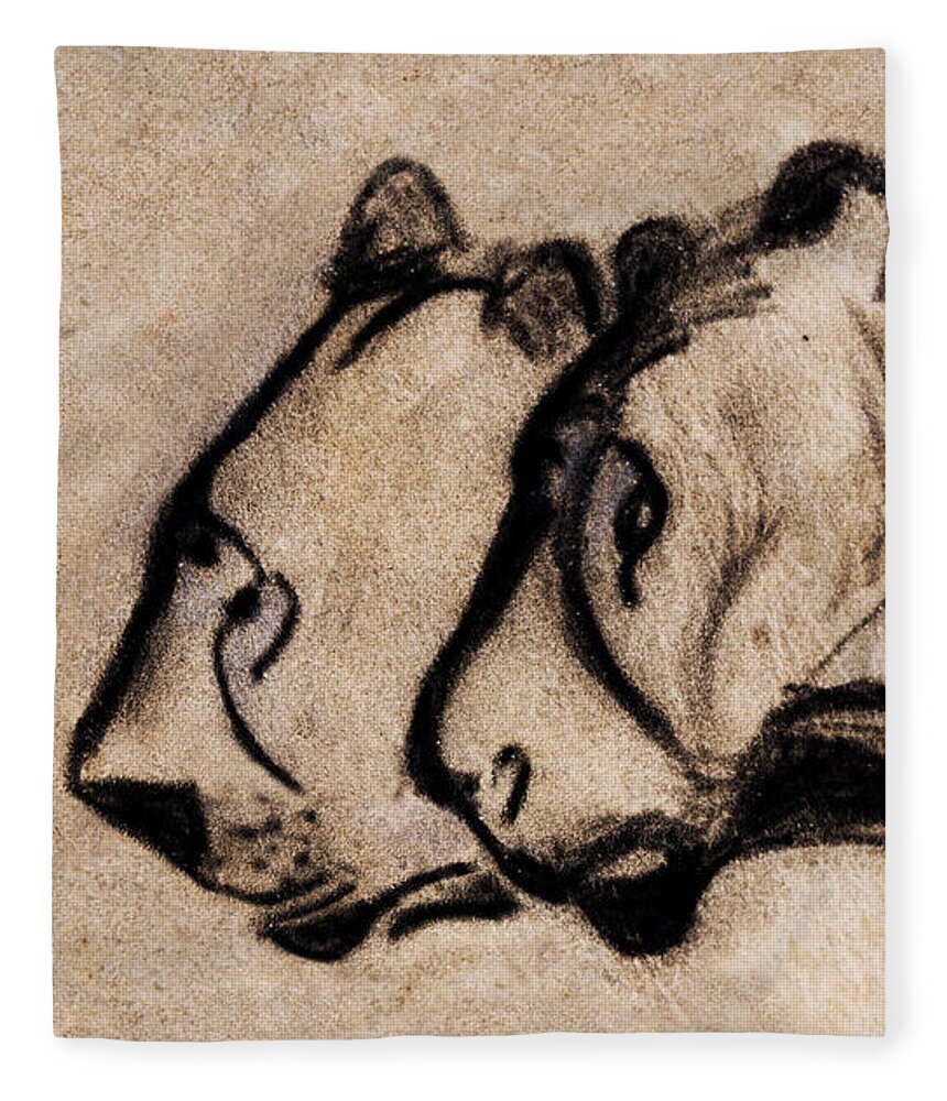 Chauvet Cave Lions Fleece Blanket featuring the painting Two Chauvet Cave Lions - Clear Version by Weston Westmoreland