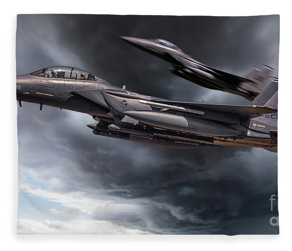 Usaf Fleece Blanket featuring the photograph Two fighter jets close up in storm clouds by Simon Bratt