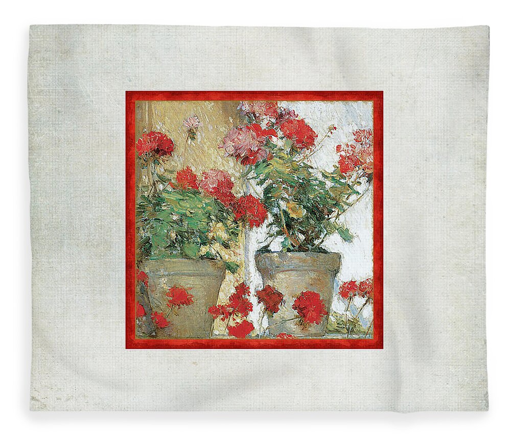 Old Masters Fleece Blanket featuring the painting Two Geranium Pots by Audrey Jeanne Roberts