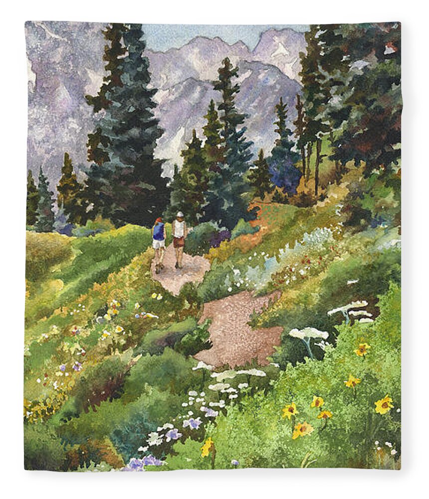 Colorado Hiking Trail Painting Fleece Blanket featuring the painting Two Hikers by Anne Gifford