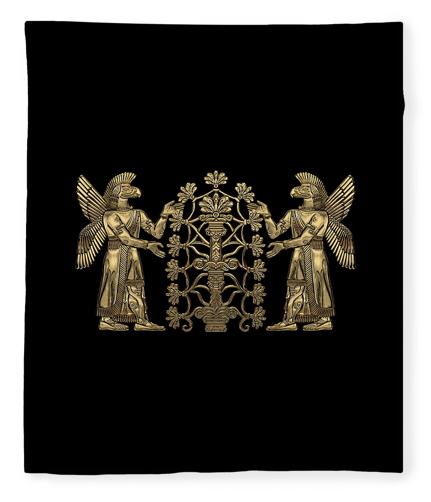 ‘treasures Of Mesopotamia’ Collection By Serge Averbukh Fleece Blanket featuring the digital art Two Instances of Gold God Ninurta with Tree of Life over Black Canvas by Serge Averbukh