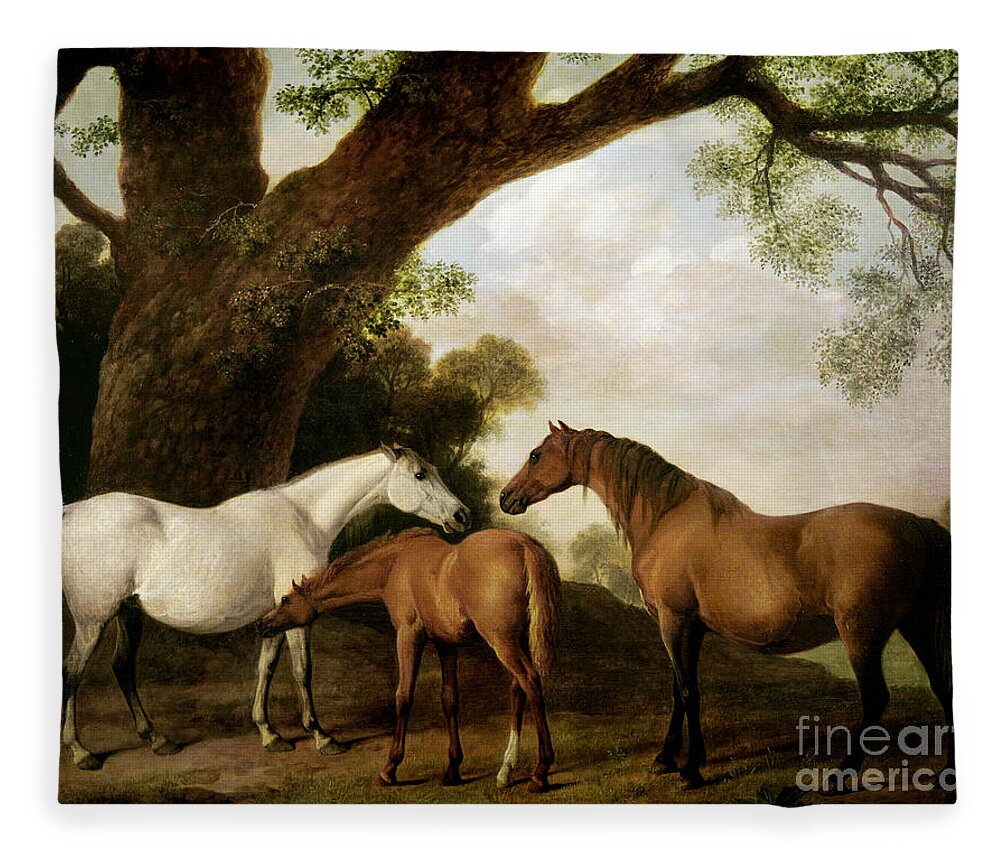 Two Fleece Blanket featuring the painting Two Mares and a Foal by George Stubbs