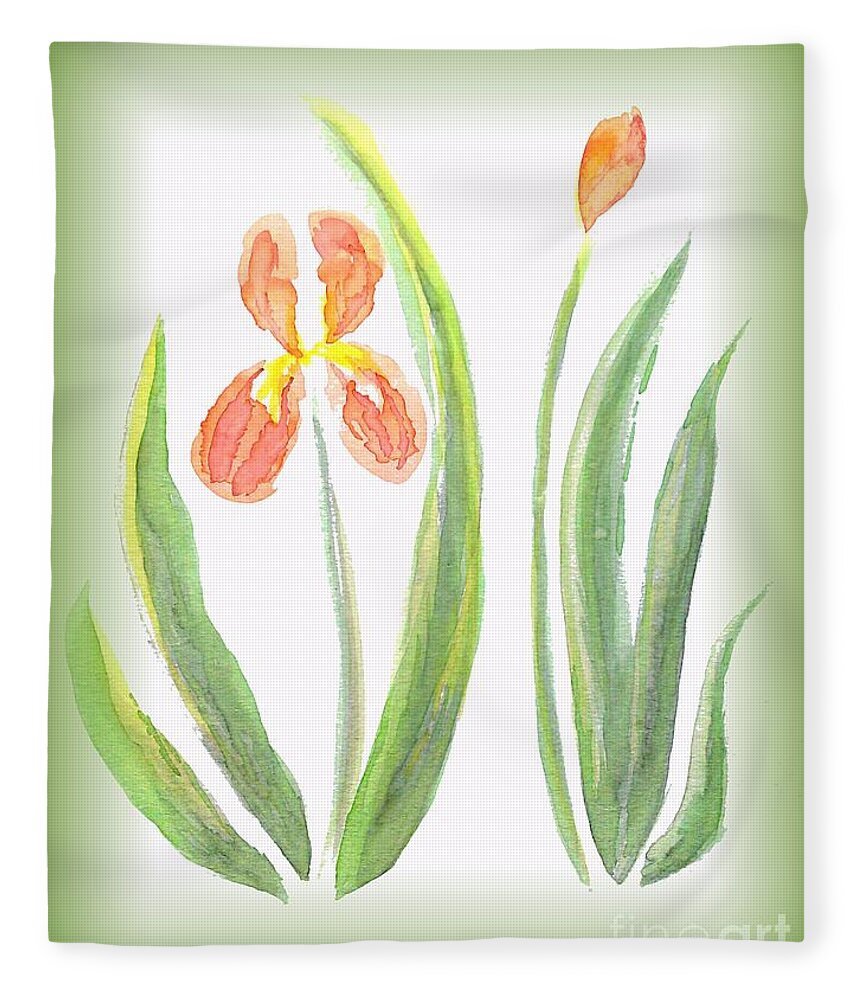 Art Fleece Blanket featuring the painting Two Orange Iris green frame by Delynn Addams