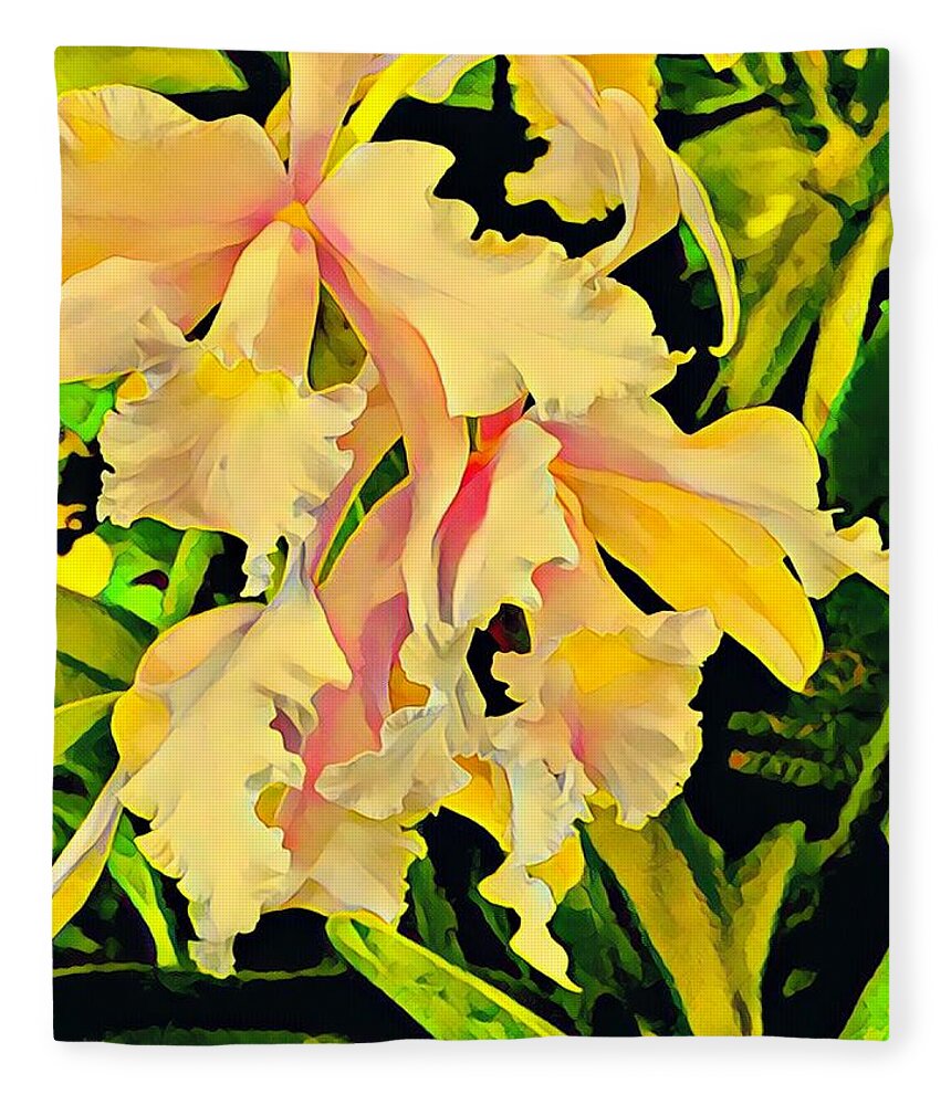 #flowersofaloha #flowers # Flowerpower #aloha #hawaii #aloha #puna #pahoa #thebigisland #twoorchidsinyellow #orchids #yellow #two Fleece Blanket featuring the photograph Two Orchids in Yellow by Joalene Young