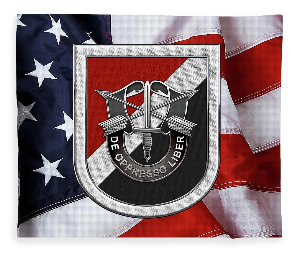'u.s. Army Special Forces' Collection By Serge Averbukh Fleece Blanket featuring the digital art U. S. Army 6th Special Forces Group - 6th S F G Beret Flash over American Flag by Serge Averbukh