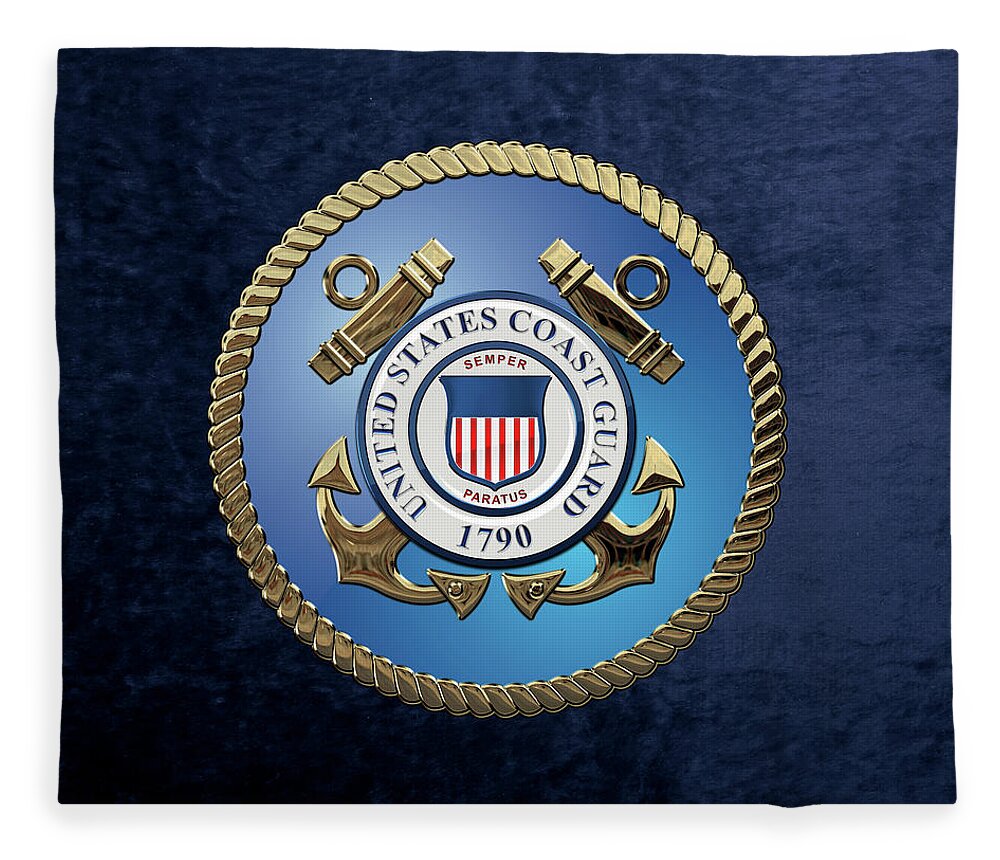 'military Insignia & Heraldry 3d' Collection By Serge Averbukh Fleece Blanket featuring the digital art U. S. Coast Guard - U S C G Emblem over Blue Velvet by Serge Averbukh