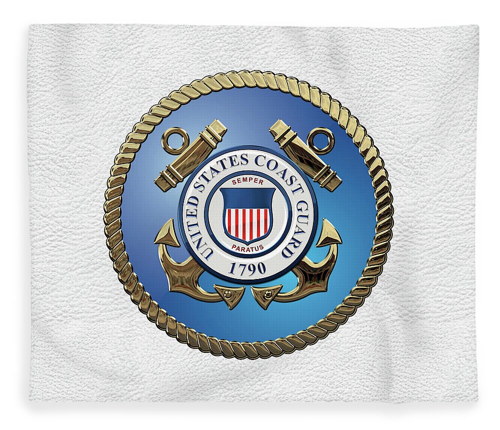 'military Insignia & Heraldry 3d' Collection By Serge Averbukh Fleece Blanket featuring the digital art U. S. Coast Guard - U S C G Emblem over White Leather by Serge Averbukh