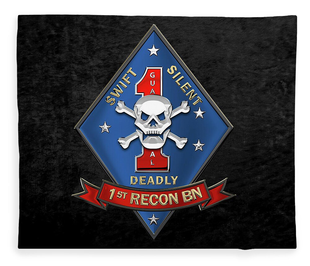 'military Insignia & Heraldry' Collection By Serge Averbukh Fleece Blanket featuring the digital art U S M C 1st Reconnaissance Battalion - 1st Recon Bn Insignia over Black Velvet by Serge Averbukh