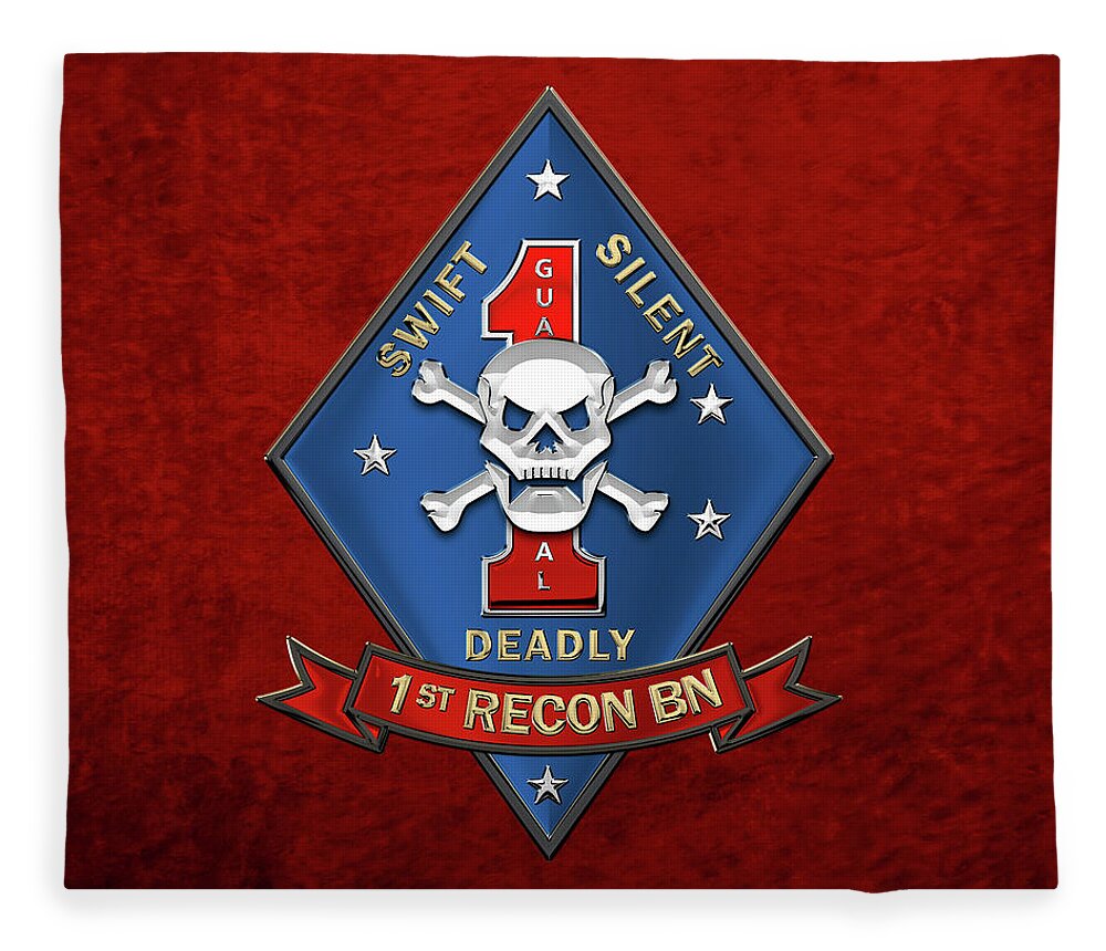 'military Insignia & Heraldry' Collection By Serge Averbukh Fleece Blanket featuring the digital art U S M C 1st Reconnaissance Battalion - 1st Recon Bn Insignia over Red Velvet by Serge Averbukh