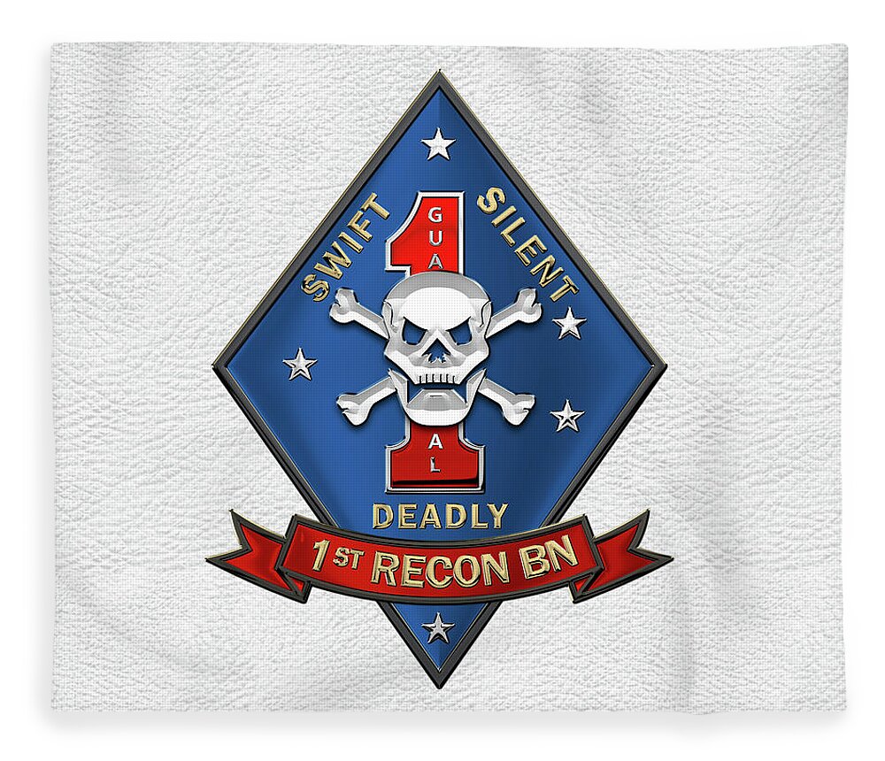 'military Insignia & Heraldry' Collection By Serge Averbukh Fleece Blanket featuring the digital art U S M C 1st Reconnaissance Battalion - 1st Recon Bn Insignia over White Leather by Serge Averbukh