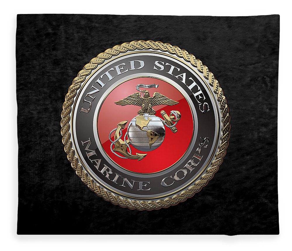 'usmc' Collection By Serge Averbukh Fleece Blanket featuring the digital art U. S. Marine Corps - U S M C Emblem over Black Velvet by Serge Averbukh