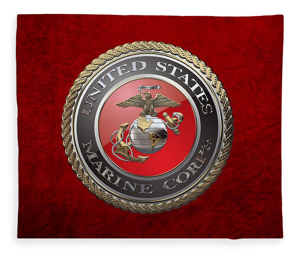 'usmc' Collection By Serge Averbukh Fleece Blanket featuring the digital art U. S. Marine Corps - U S M C Emblem over Red Velvet by Serge Averbukh