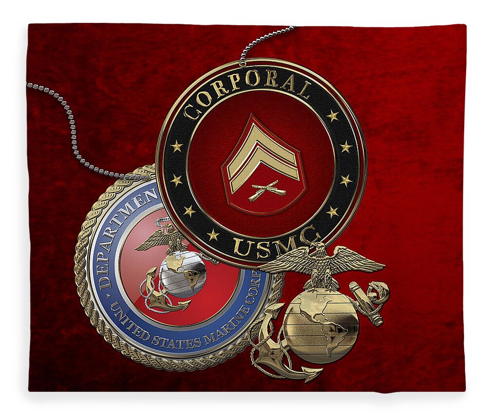 �military Insignia 3d� By Serge Averbukh Fleece Blanket featuring the digital art U. S. Marines Corporal Rank Insignia over Red Velvet by Serge Averbukh