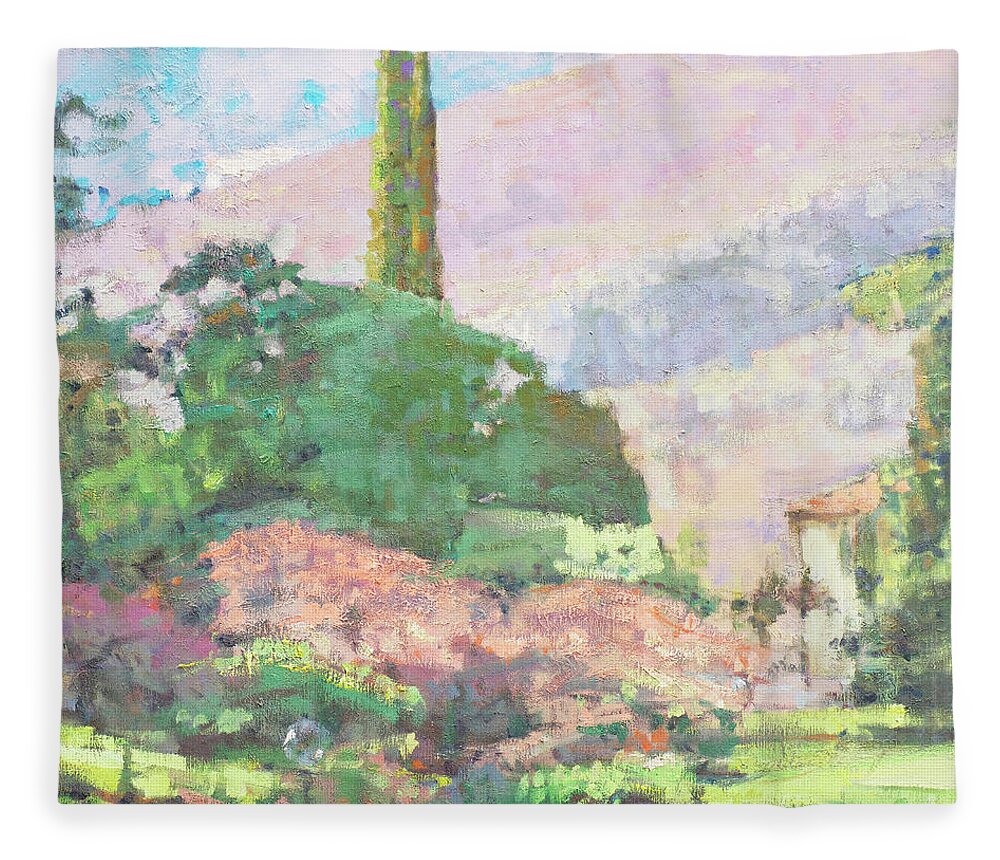 Fresia Fleece Blanket featuring the painting Under the Garden Sun by Jerry Fresia