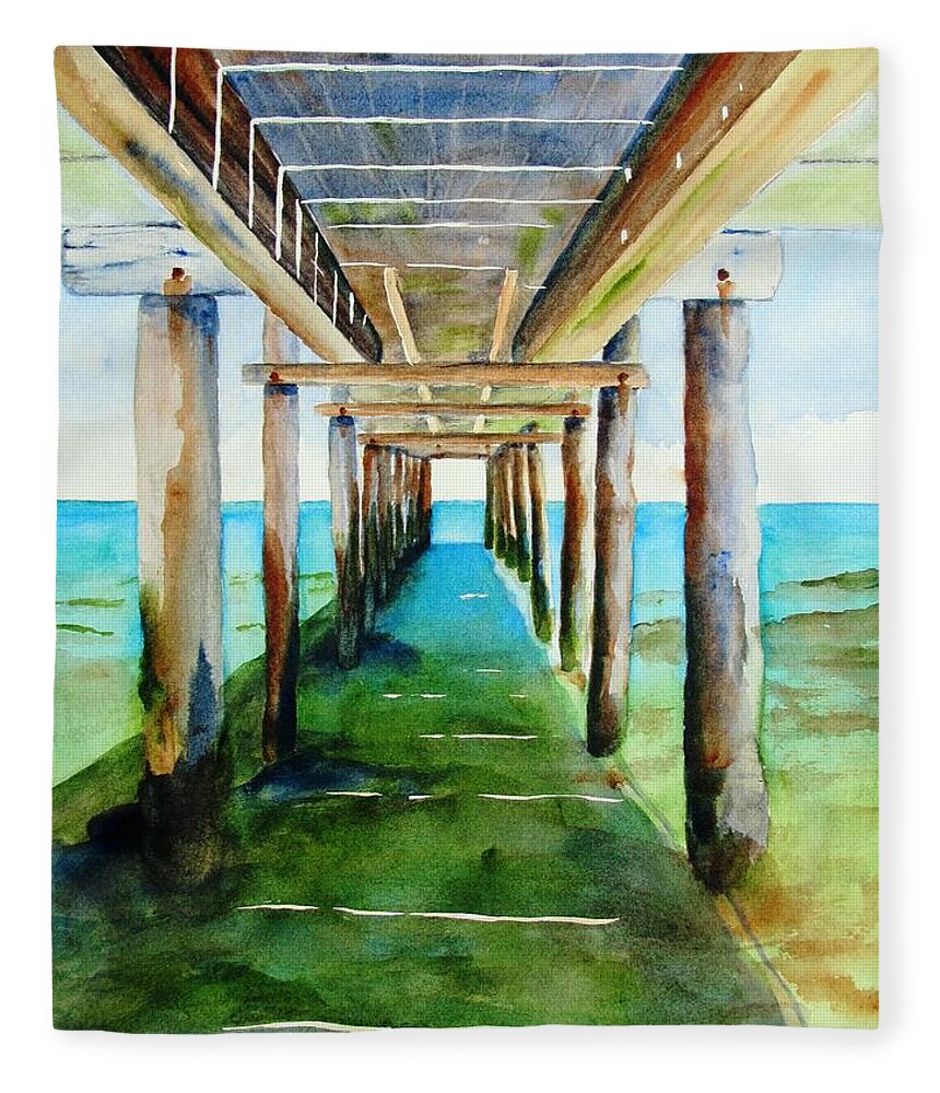 Pier Fleece Blanket featuring the painting Under the Playa Paraiso Pier by Carlin Blahnik CarlinArtWatercolor