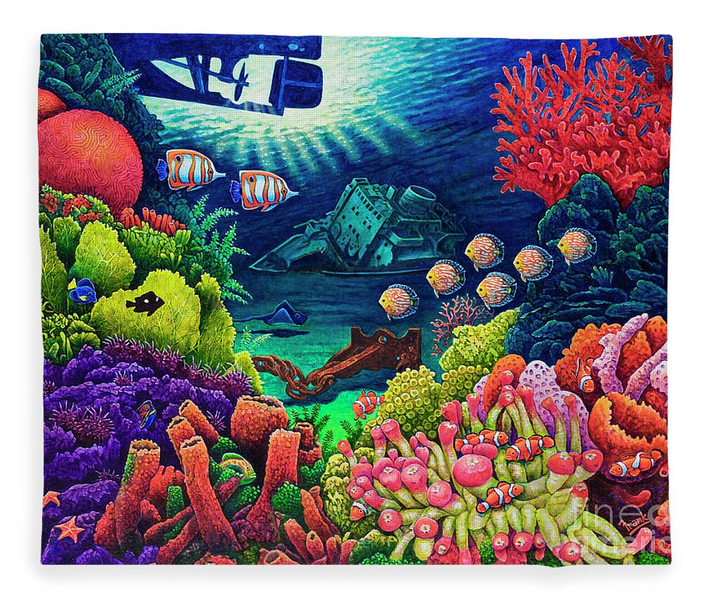 Sunken Ship Fleece Blanket featuring the painting Undersea Creatures VII by Michael Frank