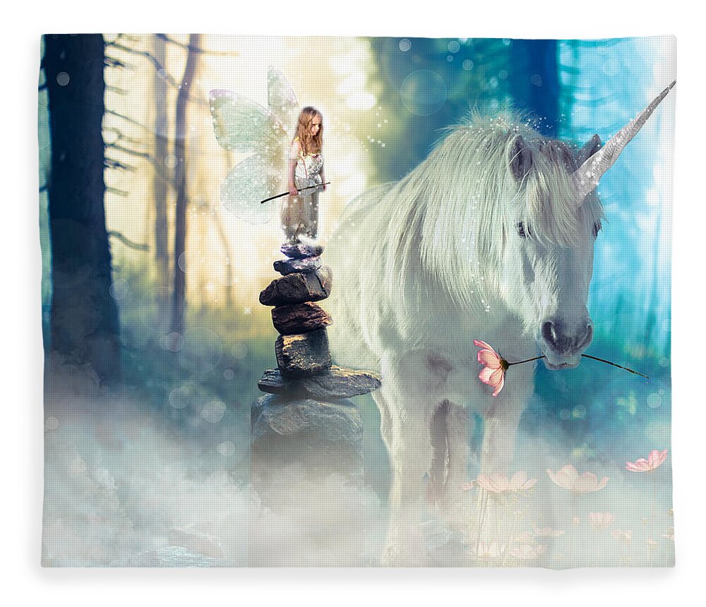 Fairy Fleece Blanket featuring the digital art Grumpy Fairy with Unicorn by Laura Ostrowski