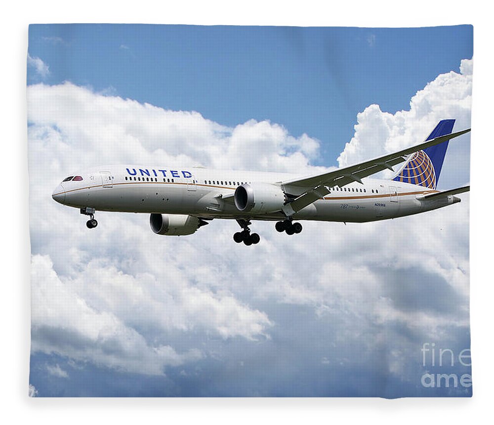 United Fleece Blanket featuring the digital art United Airlines Boeing 777 Dreamliner by Airpower Art