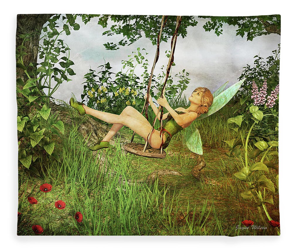 Vintage Fleece Blanket featuring the digital art Up and Away - Vintage Fairy on a Swing by Jayne Wilson