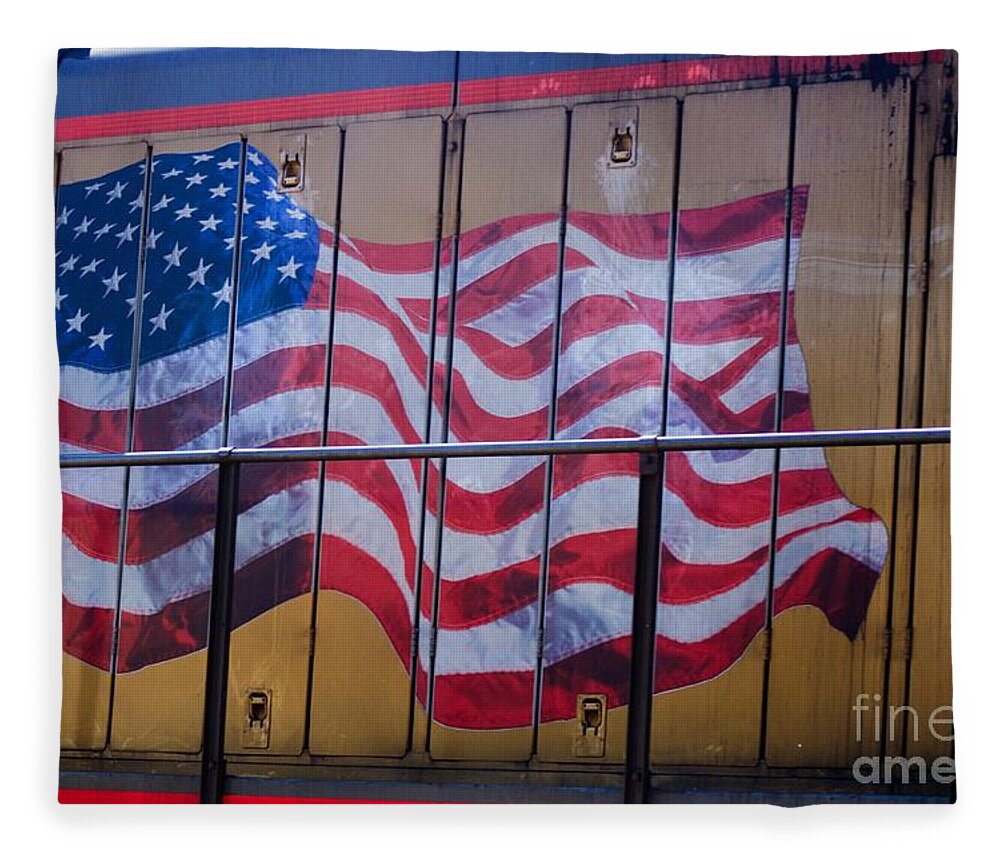 Flag Fleece Blanket featuring the photograph US Flag on Side of Freight Engine by Thomas Marchessault