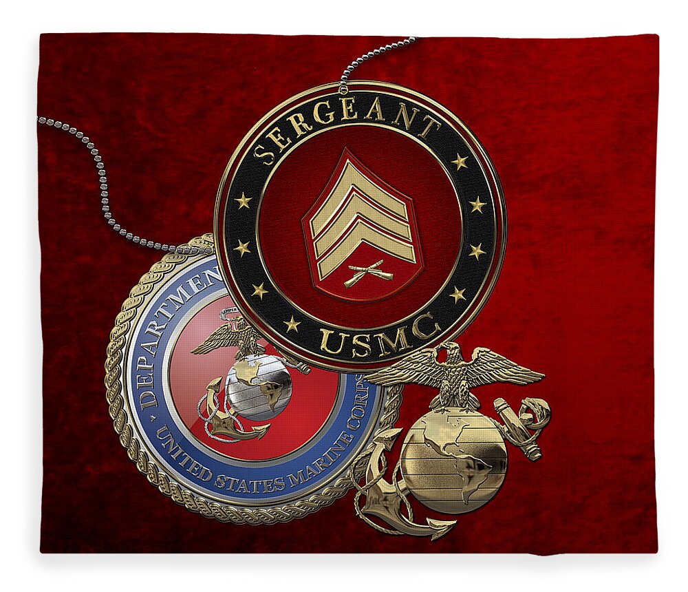 Military Insignia 3d By Serge Averbukh Fleece Blanket featuring the digital art U. S. Marines Sergeant - U S M C Sgt Rank Insignia over Red Velvet by Serge Averbukh