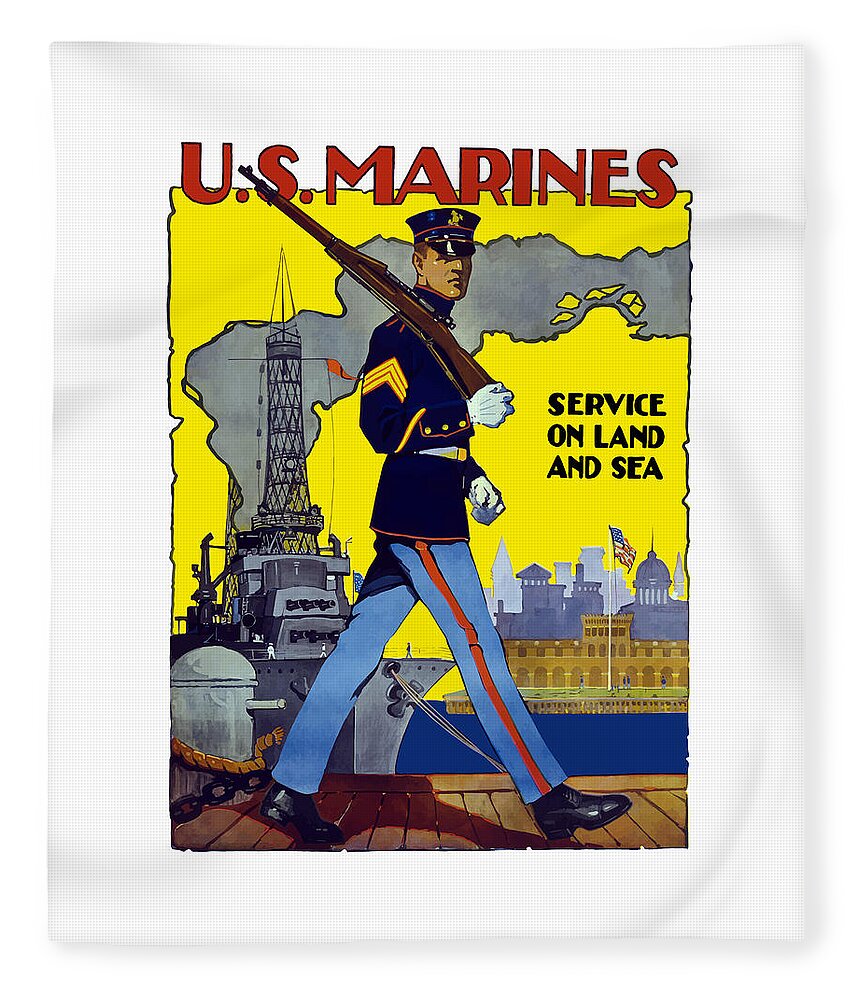 Marines Fleece Blanket featuring the painting U.S. Marines - Service On Land And Sea by War Is Hell Store