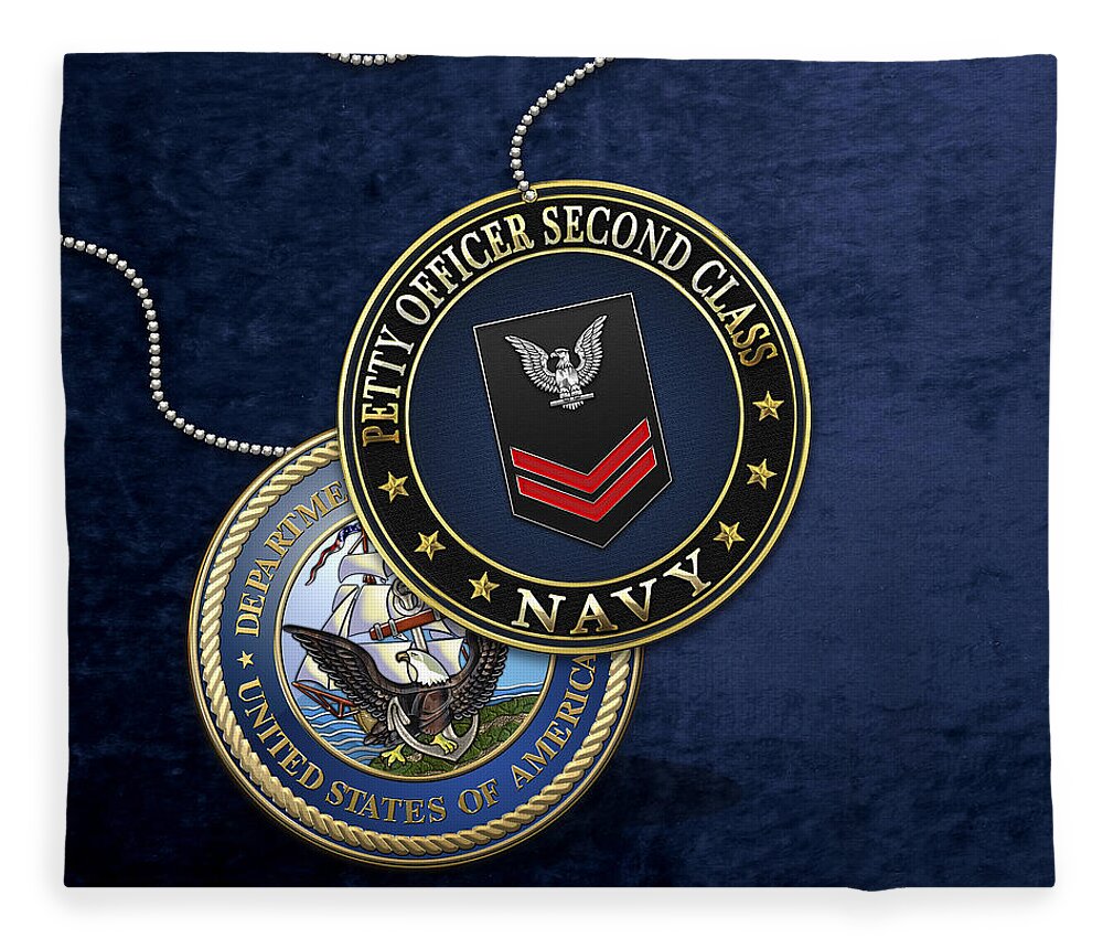 Military Insignia 3d By Serge Averbukh Fleece Blanket featuring the digital art U.S. Navy Petty Officer Second Class - PO2 Rank Insignia over Blue Velvet by Serge Averbukh