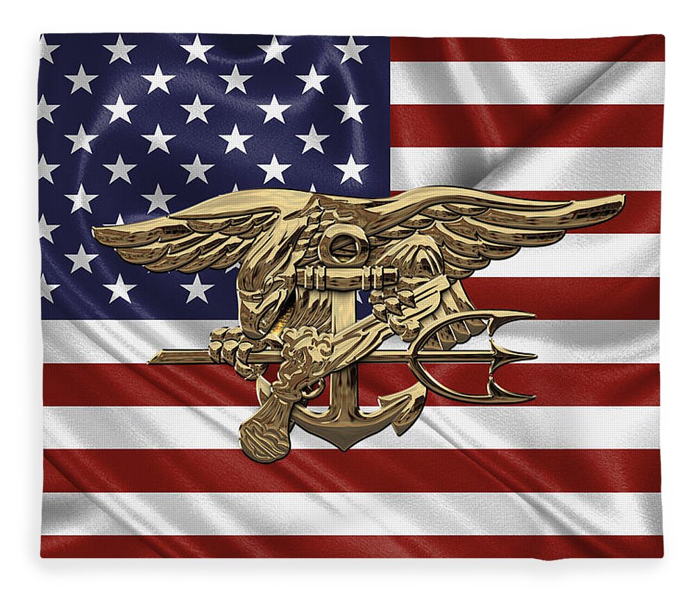 'military Insignia & Heraldry - Nswc' Collection By Serge Averbukh Fleece Blanket featuring the digital art U.S. Navy SEALs Trident over U.S. Flag by Serge Averbukh